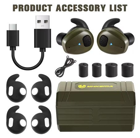 Product accessory list with wireless earbuds, charging case, and USB cable on a white background.