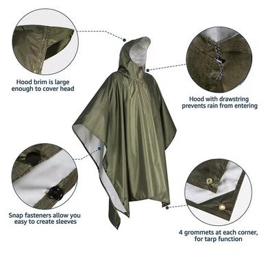 3 In 1 Outdoor Military Raincoat Hooded Sleeve Waterproof Rain Poncho