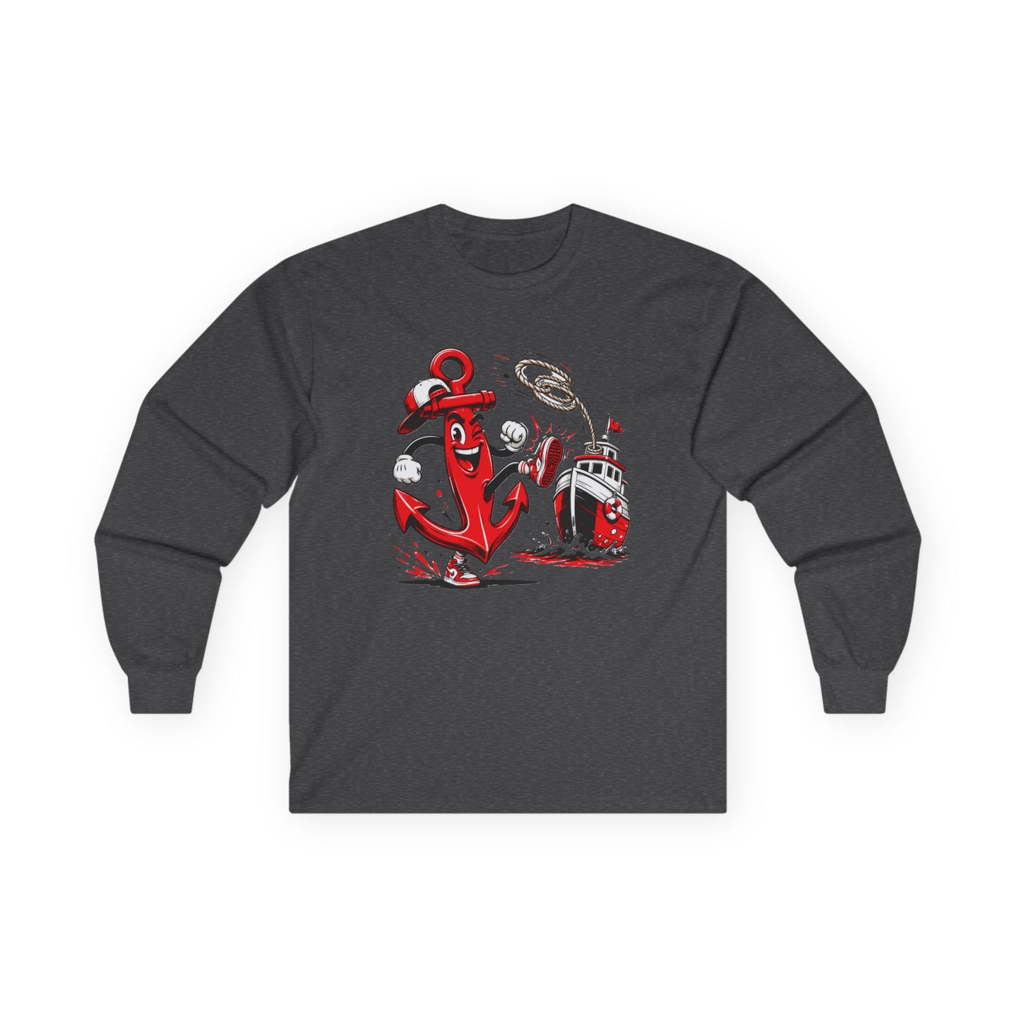 Nautical Anchor Crew Long Sleeve Tee – Red Anchor & Lighthouse Graphic