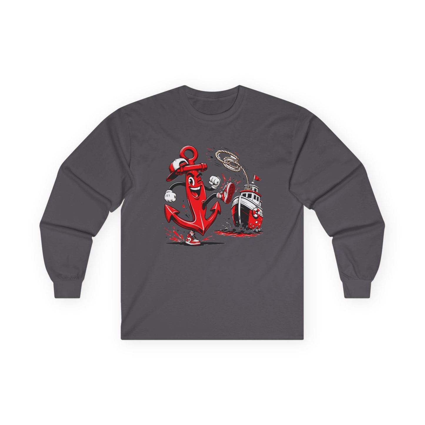 Nautical Anchor Crew Long Sleeve Tee – Red Anchor & Lighthouse Graphic