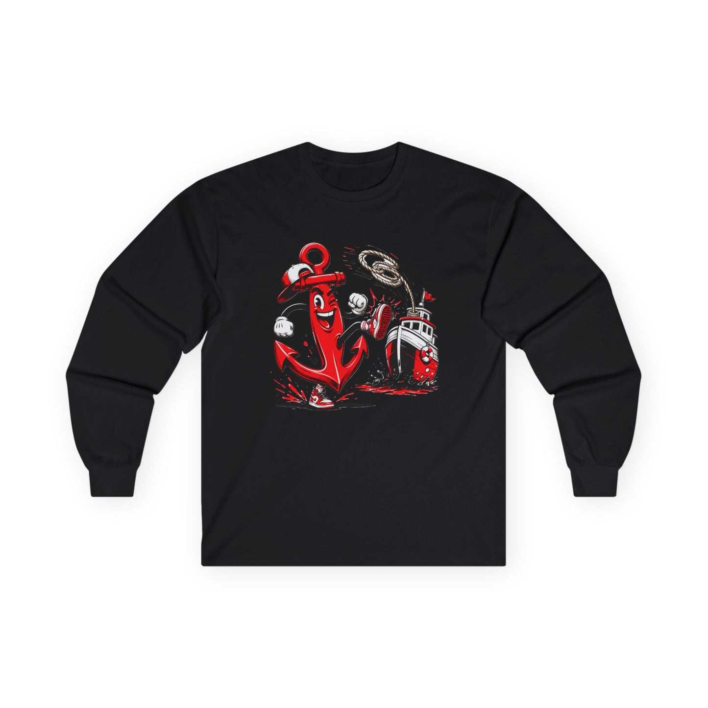 Nautical Anchor Crew Long Sleeve Tee – Red Anchor & Lighthouse Graphic