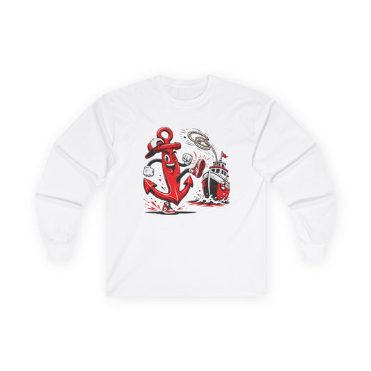 Nautical Anchor Crew Long Sleeve Tee – Red Anchor & Lighthouse Graphic