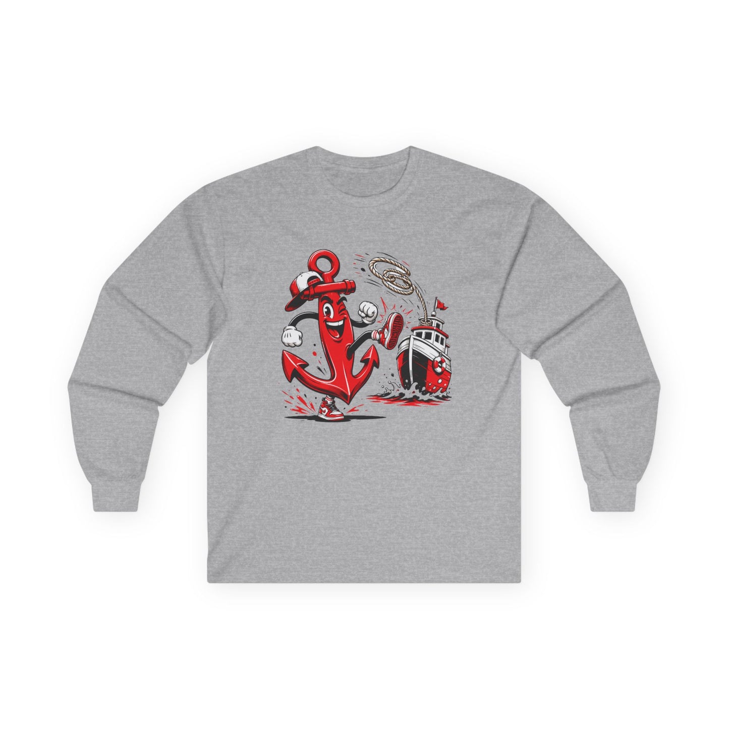 Nautical Anchor Crew Long Sleeve Tee – Red Anchor & Lighthouse Graphic