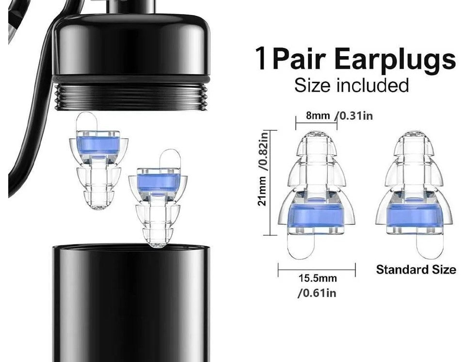 Earplugs with measurements and packaging on a white background