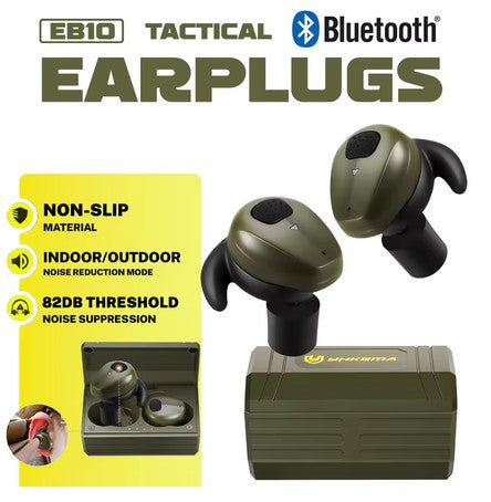 Tactical earplugs with Bluetooth connectivity on a white background
