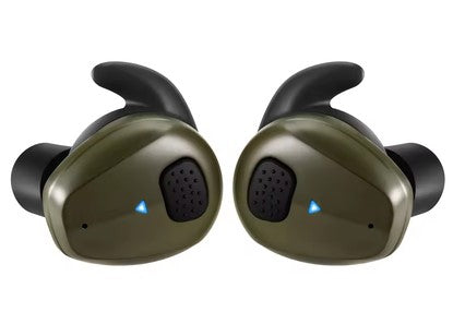 Pair of green wireless earbuds on a white background