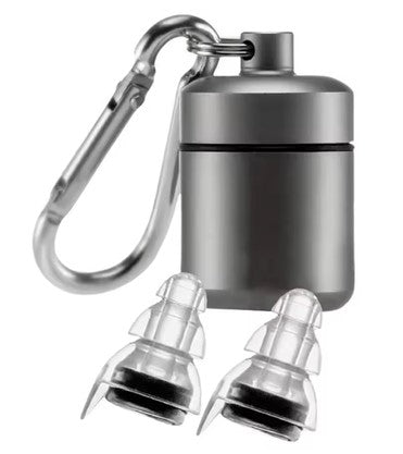 Gray earbud case with carabiner and earbud tips on a white background
